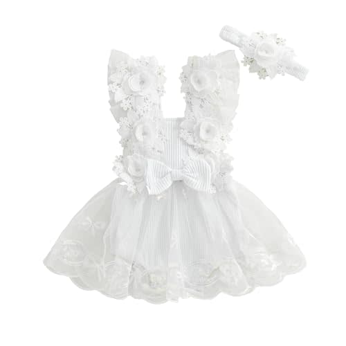 Aiwpstoin Infant Baby Girl Romper Dress Sleeveless Bow Flower Lace Tulle Dress Bodysuit Headband Newborn Summer Outfits
