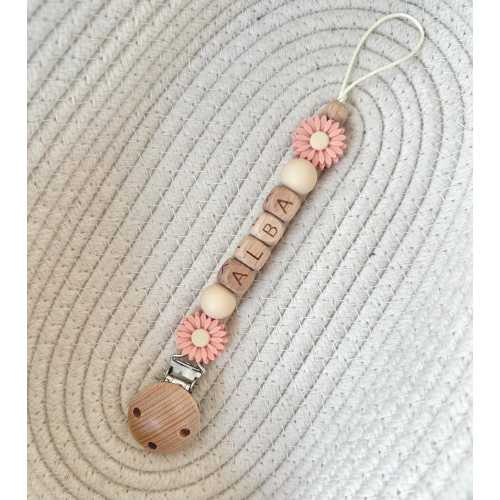 Personalised Dummy Clip Flower Daisy - Wooden Letter - Peach - Silicone Crochet Beaded - Dummy Holder - Customised  - Pacifier clip -