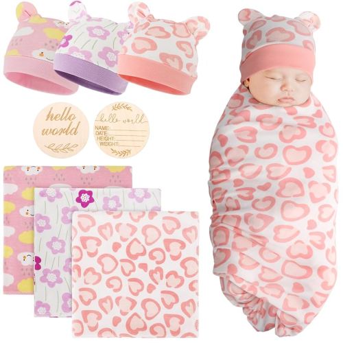 BQUBO Cotton Baby Swaddle Hat Set Newborn Infant Receiving Blankets with Bear Ears Hat Wooden Birth Announcement Card Newborn Unisex Swaddle Wrap Sets Warm Shower Gift