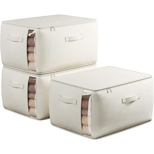 Large Canvas Clothes Storage Bags with Thick Handles and Clear Window, Foldable Cotton Linen Closet Organizer for Clothing, Blankets and Bedding, 70L, 3 Pack, Beige