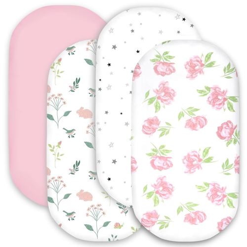 Bimocosy Bassinet Sheet, 4 Pack Bassinet Sheets for Baby Boys Girls, Soft Baby Bassinet Fitted Sheets Neutral for Bassinet Mattress, Size 32 x 16 x 4 Inches, Rose/Rabbits/Stars/Pink
