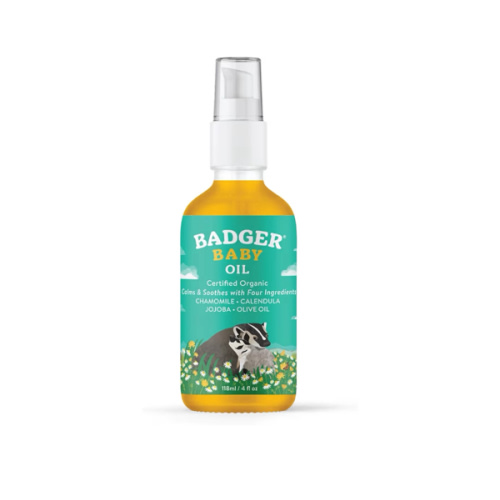 Badger Baby Oil, 100% Organic Ingredients to Soften & Moisturize Dry Skin or Cradle Cap, Soothing Vegan Organic Baby Oil, 4 fl oz Glass Bottle