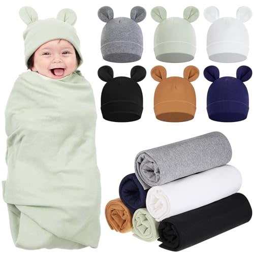 ramede 6 Sets 100% Cotton Baby Swaddle Blankets Swaddling Blankets Wrap with Hats Nursery Receiving Blanket for 0-3 Mouths Unisex Baby Soft Silky & Breathable 31.5X 31.5in(Simple,Multicolor)