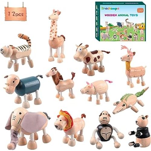 12PCS Bendable Wooden Animal Toys, Fun and Posable Animal Toys Figures for Early Education, Safari Wood Toy for Kids, Smooth Natural Wood, Wood Animal Learning Toy for Children
