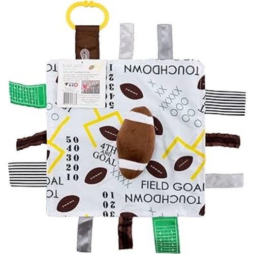 Baby Jack & Co 10x10” Football Sports Lovey Sensory Plush Blanket - Tag Toys for Babies - Baby Stroller Toys - Learn Shapes, Letters & Colors - MVP Baby Ball Toy & Baby Sports Gift