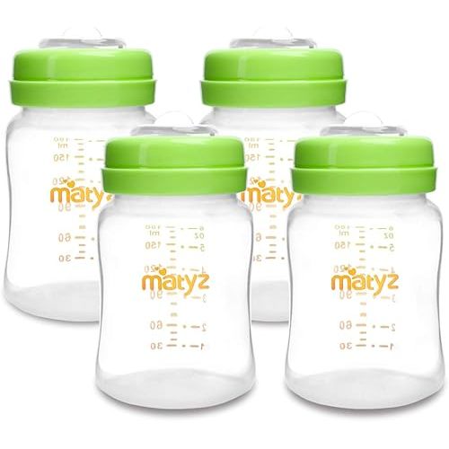 Matyz 4-PACK Breastmilk Storage Bottles With Lids (Green, 6oz Each) - Wide Mouth Breastmilk Collection Storage Bottle - Leakproof Breast Pump Bottle for Spectra Medela Philips Breast Pumps