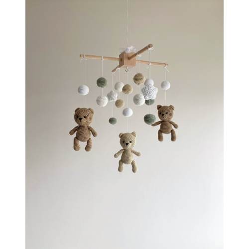 Vintage bear baby mobile, crochet bear baby nursery, neutral baby mobile, birthday gift, Christmas gift.