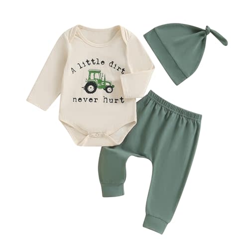 Frietlebird Newborn Baby Boy Clothes Long Sleeve Letter Tractor Print Romper and Pants with Hat Coming Home Outfit 3Pcs