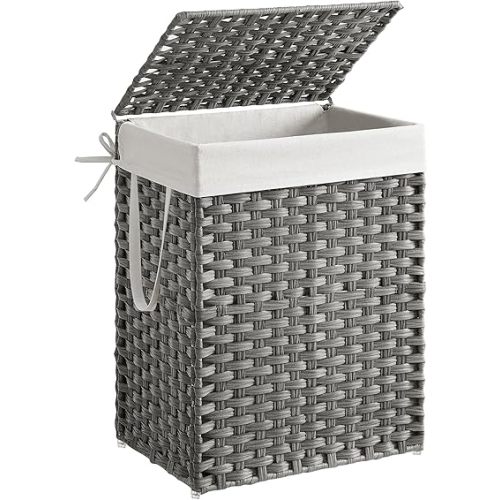 SONGMICS Laundry Hamper with Lid, 23.8 Gallon (90 L) Synthetic Rattan Clothes Laundry Basket with Lid and Handles, Foldable, Removable Liner, Dove Gray ULCB51WG