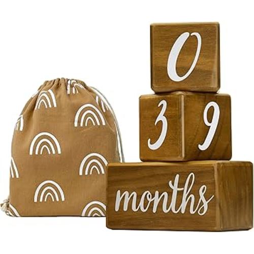 Pondering Pine Baby Milestone Blocks - Natural Pine Wood with Weeks Months Years Grade - Milestones Age Block Set with Boho Rainbow Bag, Newborn Weekly Monthly First Year Picture Props, Earth Friendly