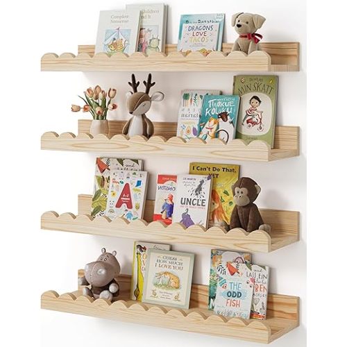 Nursery Book Shelves, 4-Pack Wood Floating Shelves for Wall Kids, Scalloped Shelves, Wall Book Shelves for Bedroom Kids, Toddler Room, Baby Room, Nursery Decor(Wood, 16.5 Inches)