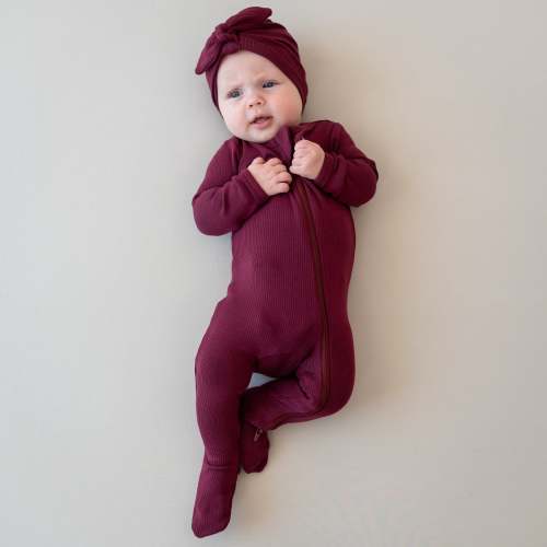 Ribbed Zipper Footie in Burgundy