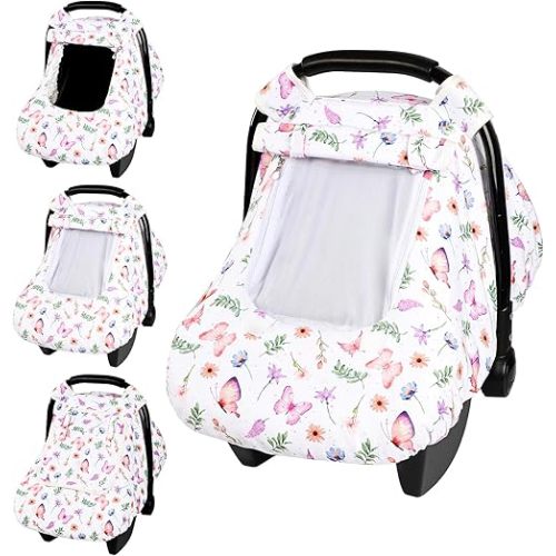 Pea Pod Car Seat Cover Baby, Infant Car Seat Canopy Covers with 2 Layers Windows of Breathable Mesh Fabric, Lightweight Polyester, Soft Minky Dot Backing (Butterfly Pattern)