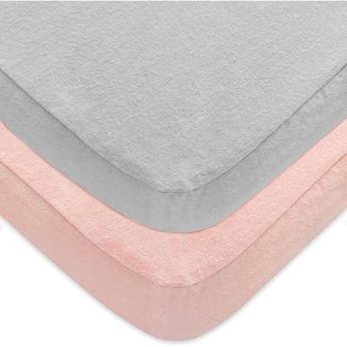 Pack and Play Sheets 2 Pack, 100% Cotton Flannel, Fitted Portable Mini Crib Sheet for Girls Boys, Ultra Soft Breathable Convertible Playard Mattress Cover, Playard Playpen Sheet Warm, Grey&Pink
