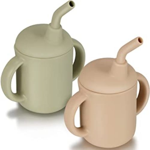2 Pieces Toddler Cups Silicone Training Sippy Cups with Straw Lid and Non Slip Handles Spill Proof Trainer Cup Transition Cup for Baby Toddler Infant (Neutral Colors)