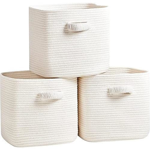 Storage Cube Baskets for Organizing - 3 Pack - 11 inch Square Baskets for Cube Storage, Closet Storage Bins - Woven Cube Storage Bins for Shelves - Cube Drawer - Ideal for Toy Storage |White