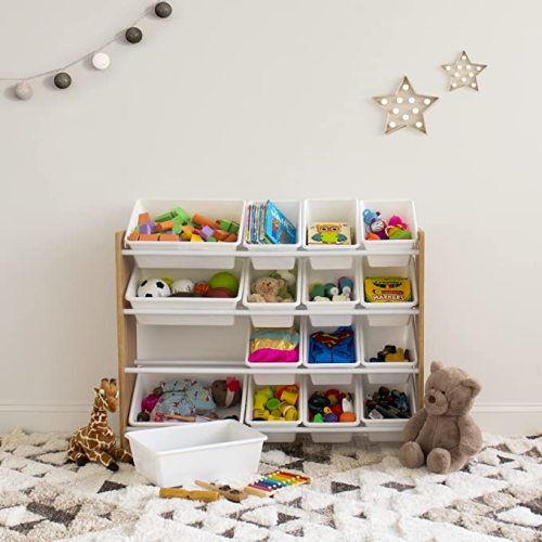 Humble Crew Extra-Large Toy Organizer, 16 Storage Bins, Universal, Natural/White - Natural Wood/White