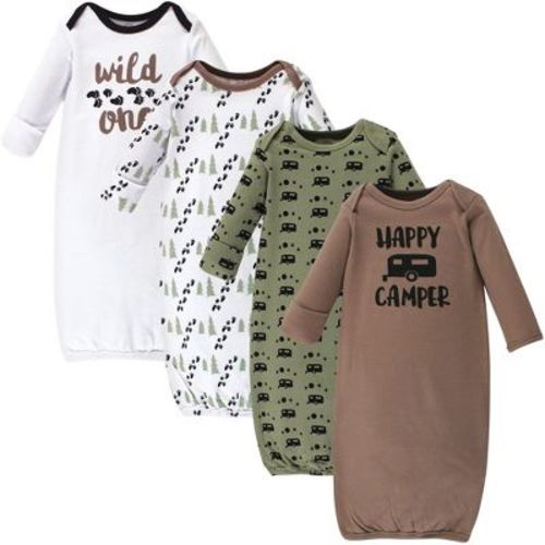 Luvable Friends Baby Boy Cotton Long-sleeve Gowns 4pk, Happy Camper, 0-6 Months