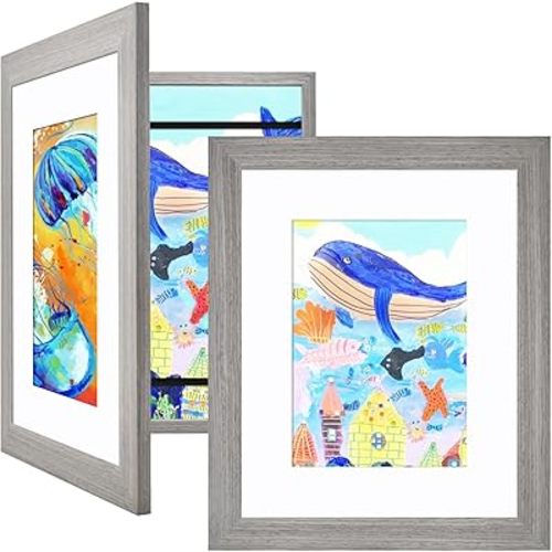 KINLINK 8.5x11 Kids Art Frames Set of 2, Solid Wood Kids Artwork Frames Changeable with Acrylic Front Opening Holds 150 Pictures, Art Frames for Kids Artwork with Mat or without Mat, Grey
