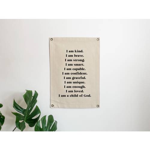 Affirmation Canvas Banner, Modern Christian Home Decor Fabric Flag, Minimalist Child's Room Wall Art, Neutral Kids Nursery Bedroom Decor