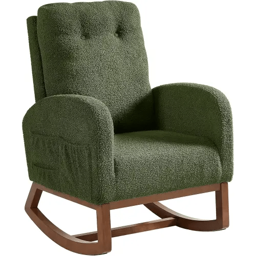 Rocking Chair Nursery, Rocking Chairs with Solid Wood Legs, Teddy Fabric, Glider Chair with Upholstered High Backrest, Nursery Chair for Living Room, Baby Room, Bedroom (Green)
