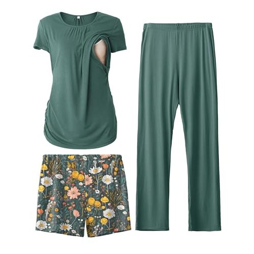SUNNYBUY Womens Maternity Nursing Pajamas Set, Short Sleeve Breastfeeding Shirts，Pregnancy Shorts & Pants 3 Piece Nursing PJS