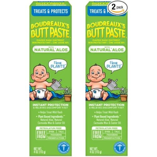 Boudreaux's Butt Paste with Natural* Aloe Diaper Rash Cream, Ointment for Baby, 4 oz Tube, 2 Pack