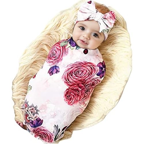 Galabloomer Newborn Receiving Blanket Headband Set Baby Flower Rose Swaddle with Big Bow (Nostalgia Rose)