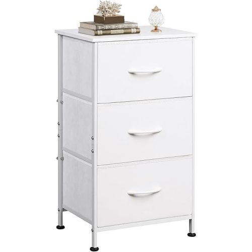 WLIVE Nightstand with 3 Drawers, Fabric Dresser, Organizer Unit, Storage Dresser for Bedroom, Hallway, Entryway, Closets, Sturdy Steel Frame, Wood Top, Easy Pull Handle, White