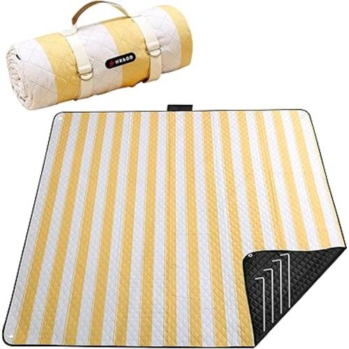 HX&OD Outdoor Picnic Blanket Extra Large, 80''*80'' Waterproof Picnic Mat with Stakes Foldable Camping Blanket Portable with Carry Strap for Beach Mat (Yellow& White, 80''*80'')