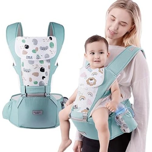Baby Carrier with Hip Seat,Ergonomic Infant& Child Holder Carrier Kangaroo Bag with Storage Bags,Soft Lightweight Pure Cotton Comfortable Baby Backpack Carrier for Newborn and Toddler,7-55lbs (Green)