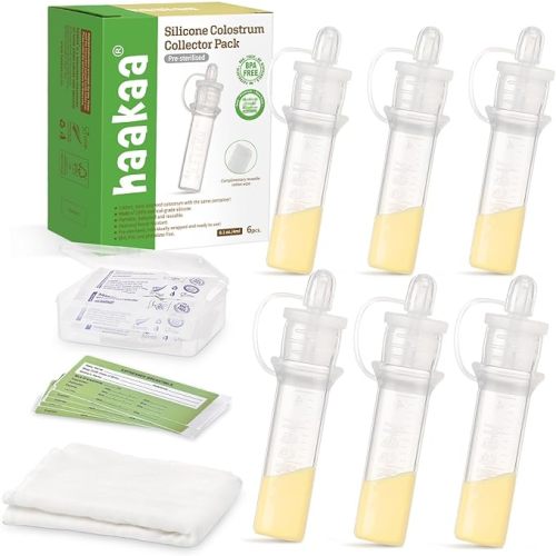 haakaa Colostrum Collector with Storage Case Set, Included 1 pc Reusable Cotton Wipe and Storage Box (0.1oz/4ml, 6 pcs)