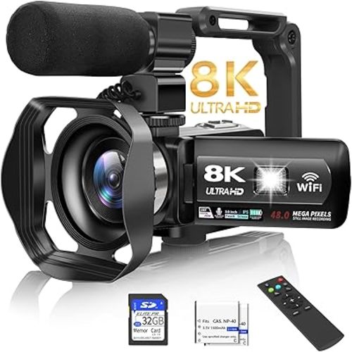 Video Camera, 8K Camcorder 48MP 15FPS UHD WiFi Vlogging Camera with IR Night Vision for YouTube, 3" Touch Screen 18X Digital Zoom, with Fill Light, Mic, Stabilizer, Lens Hood, Remote and 2 Batteries