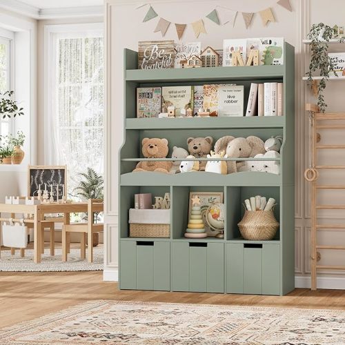 HITHOS 55.3" H Kids Bookshelf with Toy Storage Organizer, Tall Book Shelf with 3 Movable Toy Storage Bins, Large Kids Bookcase with Toys Chest, 39.2" W Modern Toys Box for Kid Room, Playroom, Green
