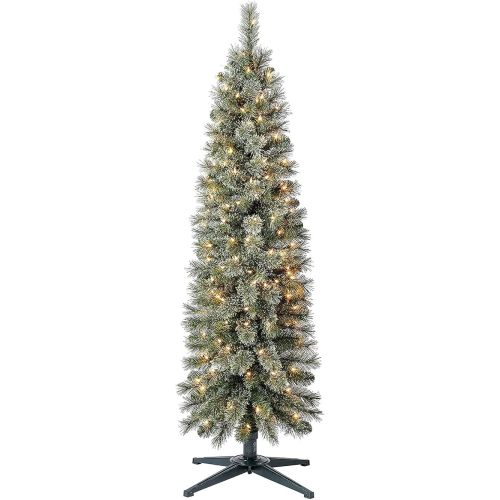 Home Heritage Stanley 5ft Pencil Pine Pre-Lit Slim Artificial Christmas Tree with 150 Clear Lights, Flocked