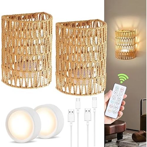 Battery Operated Wall Sconce, Rattan Rechargeable Wall Sconce, Boho Wall Sconces Battery Operated with Remote, Wireless Sconces Set of 2 for Bedrooms, Hallway, Living Room
