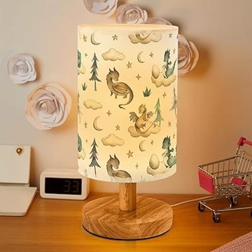 Cute Dragon Bedside Table Lamp for Bedroom with USB Port, Funny Cozy Kids Nightstand Lamp with Wood Base Polyester Fabric Shade for Living Room Dorm Desk (White)