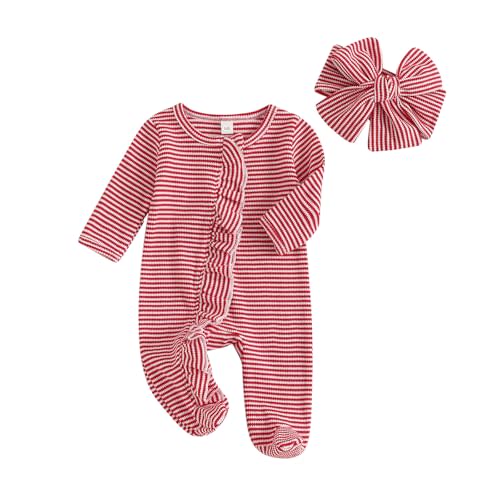 Ayalinggo Newborn Baby Romper Infant Girl One-piece Outfit Waffle Ruffle Zip Footie Spring Summer Clothes With Bow Headband