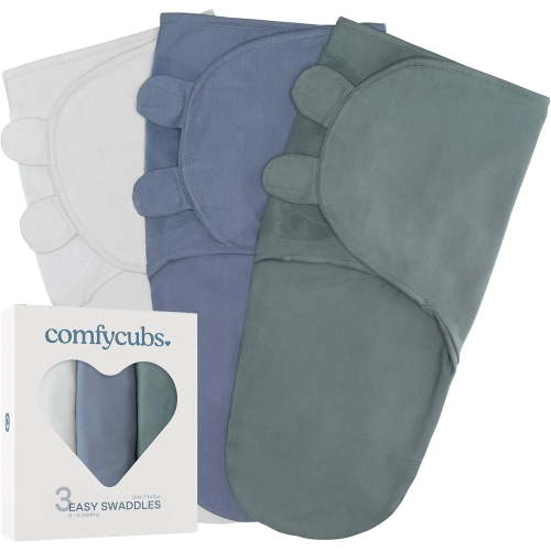 Comfy Cubs Baby Swaddles, Easy Adjustable 3 Pack for Boys and Girls (Small 0-3 Months, Stone, Nomadic Blue, Azul)