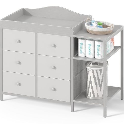 BOLUO Baby Dresser with Changing Table Top, Gray Changing Table Dresser with 6 Fabric Drawers Diaper Changing Station with Storage Shelf for Nursery Modern