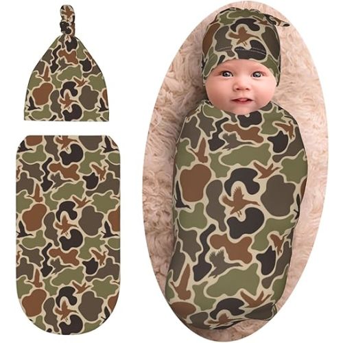 Camo Hunting Baby Stuff Newborn Swaddle Blanket with Beanie Set, Soft and Stretchy Baby Blanket Swaddle Sack for Boy and Girl