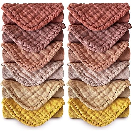 MOON PARK Baby Washcloths, 12 Pack - 12x12 Inches, Small Burp Cloths and Baby Wipes - 100% Cotton Muslin Ultra Soft for Newborn, Infant and Toddlers - Brown, Honey and Bean Paste Series