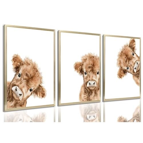 3Pcs Highland Cow Baby Canvas Wall Art Brown Peeping Highland Cattle Wall Decor Pictures Cute and Funny Animals Posters Prints for Nursery Children's Room Bathroom Artwork Home Decoration Unframed