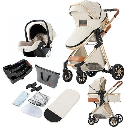 3 in 1 Baby Travel System, Reversible Baby Stroller, Pushchair Luxury Baby High Landscape Pram, Portable Standard Pram Buggy, Foldable Baby Carriage for Newborn Toddler (UDV9-WHITE with Base)