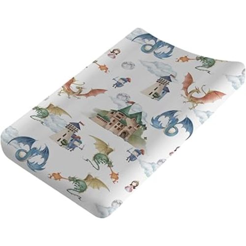 Fairytale Dragons Castle Changing Pad Cover Watercolor Dragon Princess Knight Moon Clouds Baby Nursery Diaper Change Pad Sheets for Boy Girl Soft Stretchy Fitted Changing Table Sheets Mats 32''x16''