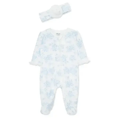 Blue Roses 2-Way-Zip Footed One-Piece And Headband