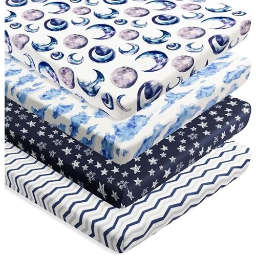 4 Pack Fitted Pack N Play Sheets for Baby Boys Neutral Unisex Breathable Soft Toddler Mini Crib Sheets for Pack and Play Mattress (Sky)