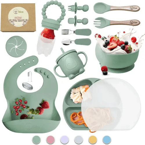 O'doe 17-Piece BPA-Free Silicone Baby Feeding Set | Thick & Soft Suction Plates, Baby Bowls, Wooden Fork & Spoon, and More | Make Mealtime Fun and Easy for Your Little One (Green, V2)