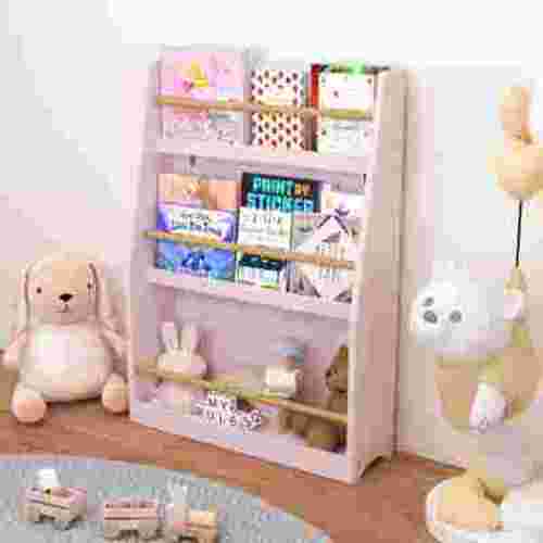 Miniyam 3-Tier Wooden Bookshelf with Toy Storage for Kid, Pink