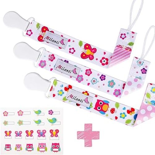 Dodo Babies Milanti Pacifier Clip Set - Three Clips Plus 18 Name Tag Labels - Universal Paci Holder Fits Most Binky Brands and Teethers - Rose and Yellow Floral Fun for Girls or Boys